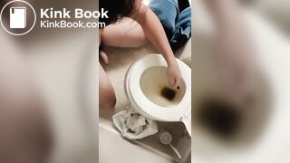 asian pulls shit from toilet and smears eats