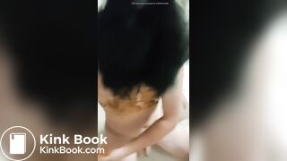 asian pulls shit from toilet and smears eats