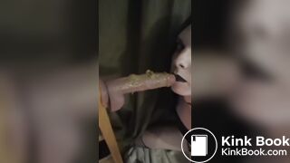 Goth emo sissy slut deep throats scat dildo.