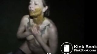 brunette smear, eats and fucks with scat in public