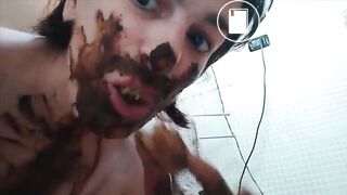 Nasty milf smearing shit on her face