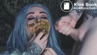 She is sucking his turd and cock then gets facial
