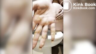 Chubby gal with sexy bum poos into her hand over t