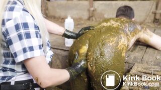 Mistress Marlena Dominating her slave in cowshit