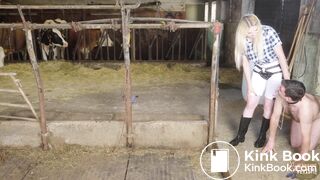 Mistress Marlena Dominating her slave in cowshit