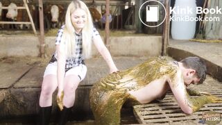 Mistress Marlena Dominating her slave in cowshit