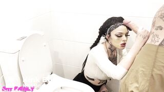 Toilet piss whore filled in all three holes!