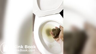 Smelly gal scoops her poop from the shower water