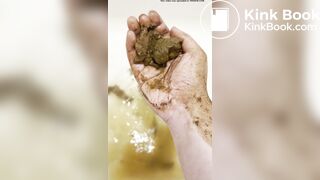 Smelly gal scoops her poop from the shower water