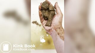 Smelly gal scoops her poop from the shower water