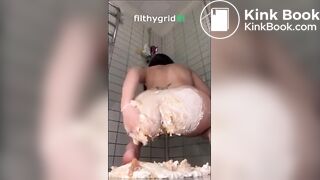 asian girl pushes out massive shit onto a cake