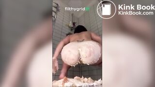 asian girl pushes out massive shit onto a cake