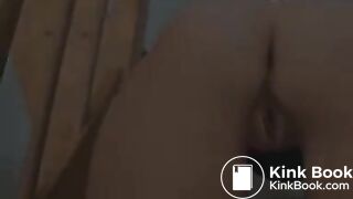 Woman pooping on the stairs