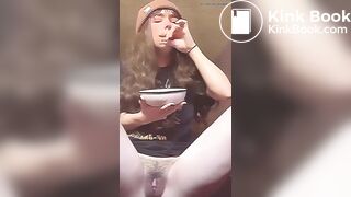 Girl pooping into bowl