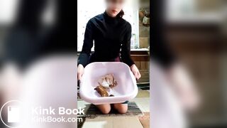 russian drops a big load in a plastic bowl