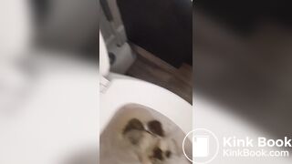 Girl in Hello Kitty pajamas standing over toilet