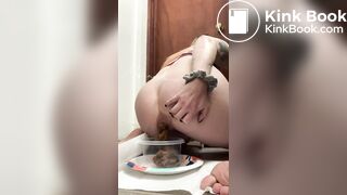 Woman takes a huge poop in a container