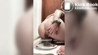 Woman takes a huge poop in a container
