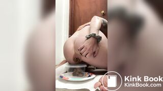 Woman takes a huge poop in a container