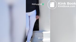 thick woma n white pants pushes out diarrhea in public