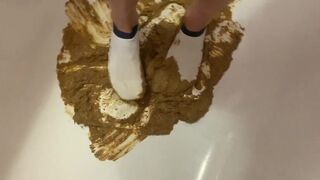 Girl walking in her diarrhea in socks