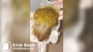 Girl puts hand into dirty glove