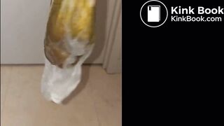 Girl puts hand into dirty glove