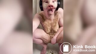 Nasty ugly cunt plays with shit