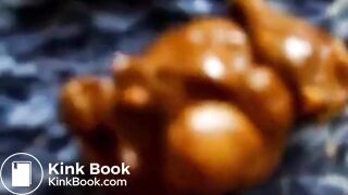 Skinny brunette girl poop