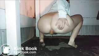 Girl poop near fence