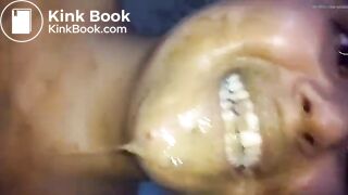 Crazy Latina chick grabs shit log to smear, lick & chew