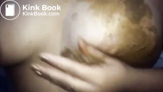 Crazy Latina chick grabs shit log to smear, lick & chew