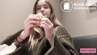 Girl eating a Shitty Burger in McDonalds Bathroom