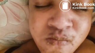 Busty toilet using chocolate sauce to consume poop