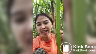 Cute girl shitting in sugarcane field