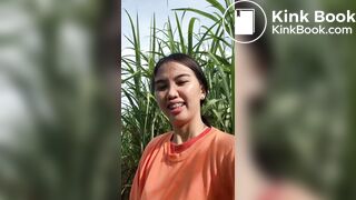 Cute girl shitting in sugarcane field
