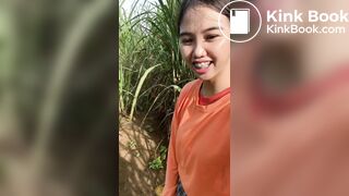 Cute girl shitting in sugarcane field