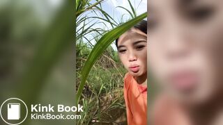 Cute girl shitting in sugarcane field