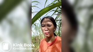 Cute girl shitting in sugarcane field