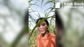 Cute girl shitting in sugarcane field