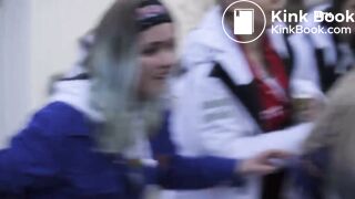 Graduate defecating on door mat - scene