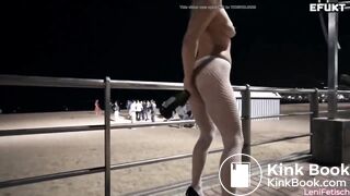 Girl gives herself enema by champagne at the beach