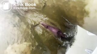 Big poop in shiny black tights