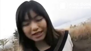 Cute Japanese female student defecates in the wildernes