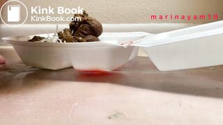 Hot girl shitting on asian food
