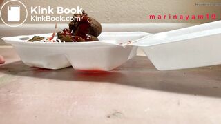 Hot girl shitting on asian food