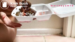 Hot girl shitting on asian food