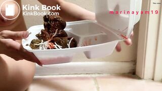Hot girl shitting on asian food