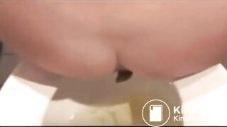 Blonde teen takes a huge poop and wipes