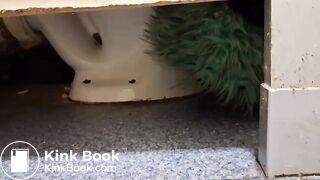 Women pooping in a public toilet